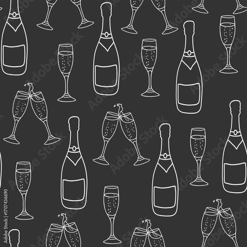 Champagne seamless pattern. Bottle and two clinking Glasses white ink drawing on a black background in doodle style. Vector illustration isolated on a background.