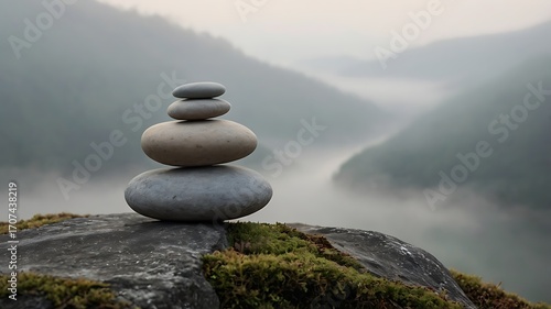 Minimalist Stone Balance A minimalist stone balanced perfectly on a thin edge of another stone symbolizing harmony and precision