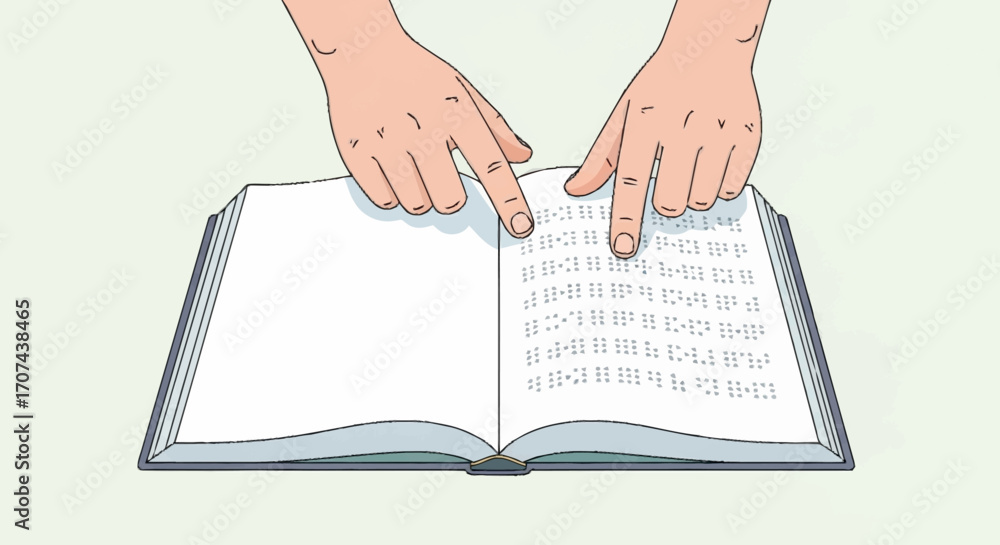Fototapeta premium Hands gracefully tracing the raised dots of a Braille book, symbolizing literacy and accessibility for the visually impaired