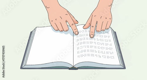 Hands gracefully tracing the raised dots of a Braille book, symbolizing literacy and accessibility for the visually impaired