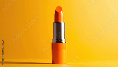 Vibrant orange lipstick stands out against a bold yellow backdrop, showcasing a sleek design and bright color.