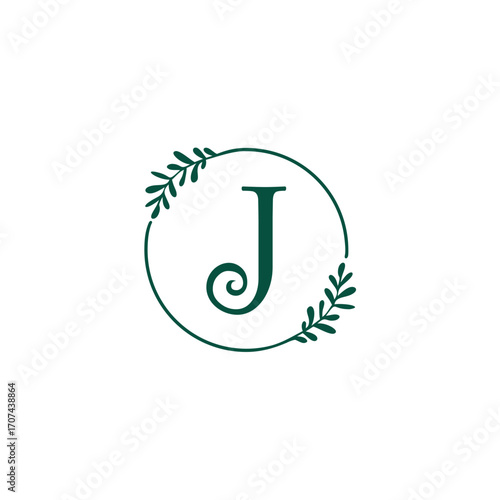 Letter j simple and circle line art leaf natural business logo design