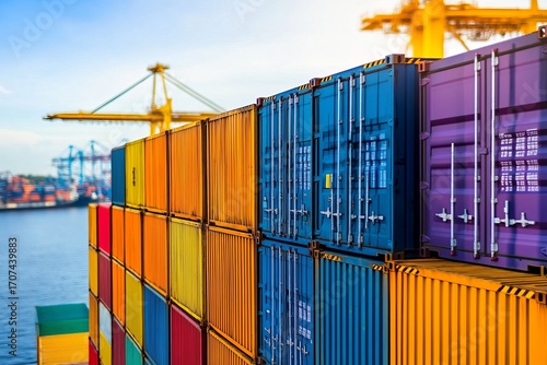 Colorful shipping containers stacked high, port cranes in background