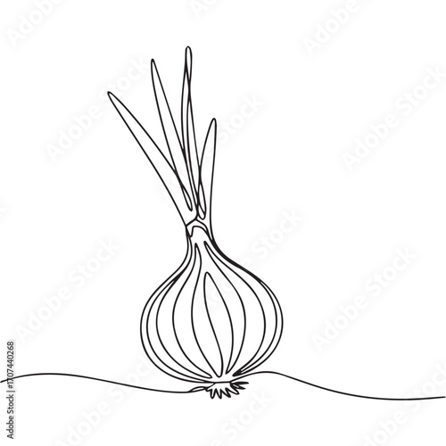 Continuous Simple black line art drawing of a garlic in a minimalist style on a white background.