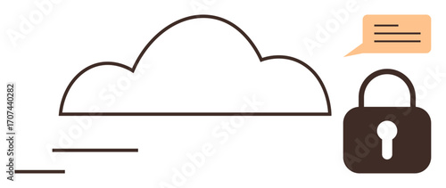 Cloud and lock symbolizing secure storage, paired with a chat bubble. Ideal for security, technology, communication, cloud computing, data privacy, encryption digital safety. Simple flat metaphor