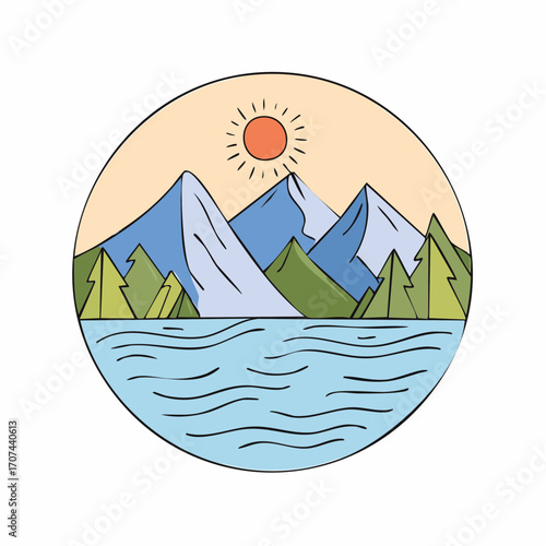 Mountain lake at dawn, morning light and sun, minimalist landscape, vector illustration