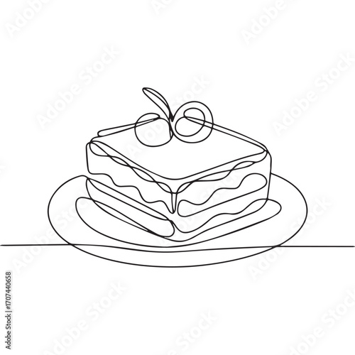 Continuous Simple black line art drawing of a lasagna in a minimalist style on a white background.