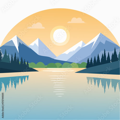 Mountain lake at dawn, morning light and sun, minimalist landscape, vector illustration