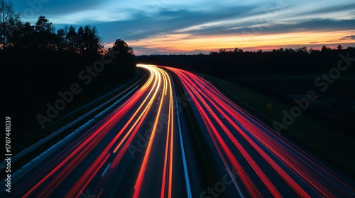 Highway at twilight, vibrant light trails