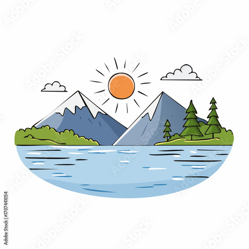 Mountain lake at dawn, morning light and sun, minimalist landscape, vector illustration