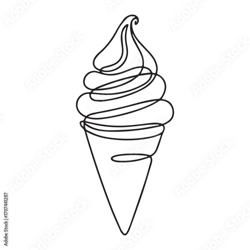 Continuous Simple black line art drawing of a cone ice cream in a minimalist style on a white background.