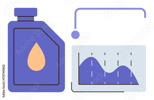 Blue fuel container with orange drop icon beside a fluctuating data chart. Ideal for energy, industry, sustainability, fuel management, data analysis, research insights, environmental monitoring