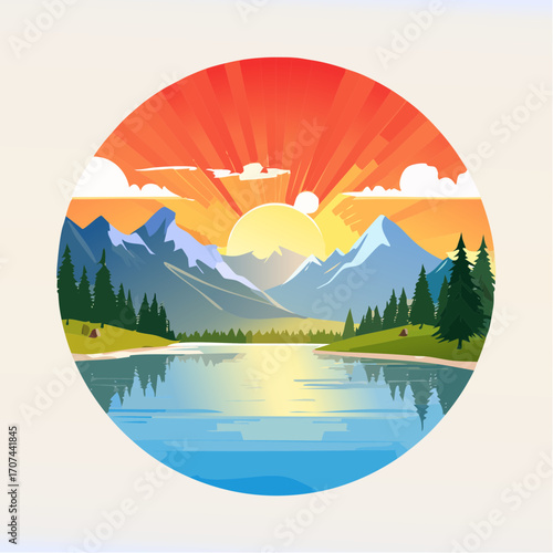 Mountain lake at dawn, morning light and sun, minimalist landscape, vector illustration