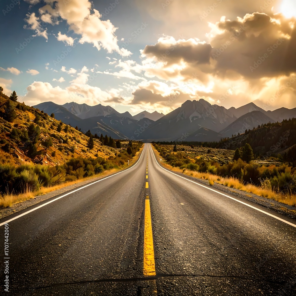 Naklejka premium Open road stretching into a mountain range at sunset