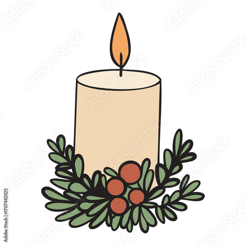 candle with christmas tree branch decoration