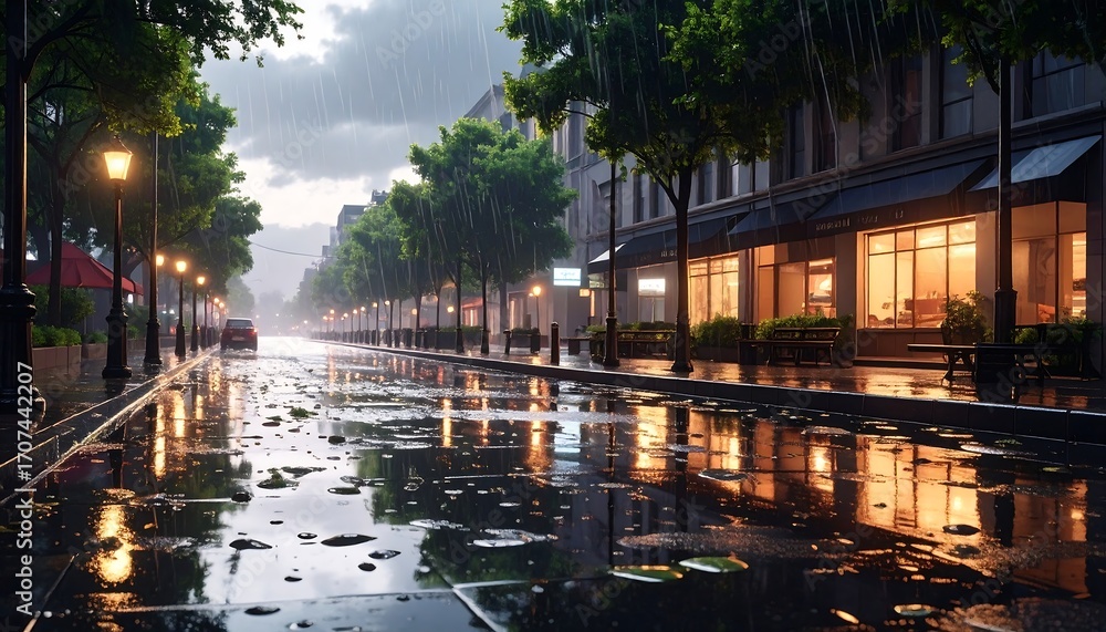 Fototapeta premium A rainy city street glows with the warm light of shop windows and street lamps, reflected in the glistening pavement. Trees line the sidewalk, adding a touch of nature to the urban scene. 