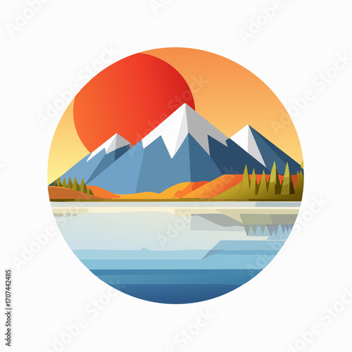 Mountain lake at dawn, morning light and sun, minimalist landscape, vector illustration