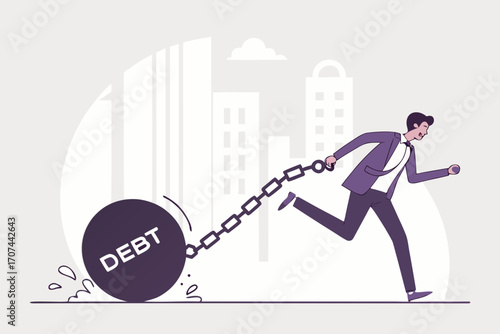 Businessman chained to debt ball running forward to escape financial burden