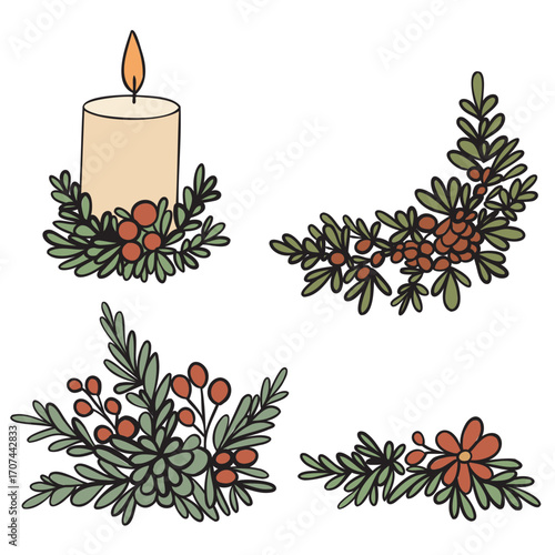 vector set of various christmas decorations, isolated on white background, hand drawn illustration
