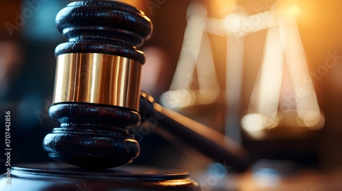 Close-up of wooden judge’s gavel and golden scales in courtroom, perfect for legal websites, justice-themed ads