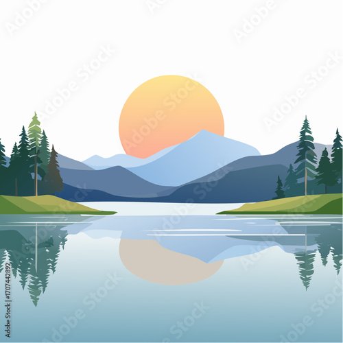 Mountain lake at dawn, morning light and sun, minimalist landscape, vector illustration