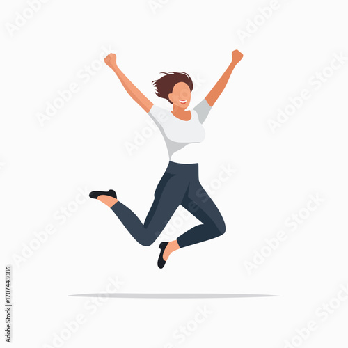 A cheerful woman joyfully leaps in the air, celebrating a success.