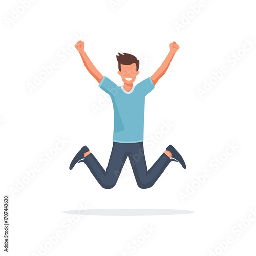 Excited young man jumping with arms raised in celebration.
