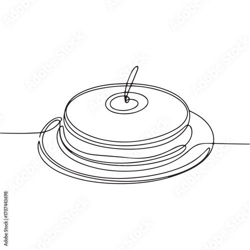 Continuous Simple black line art drawing of a pancake in a minimalist style on a white background.