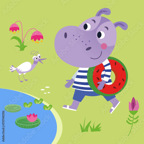 Hippo walk with inflatable ring to lake to swim in summer. Hand drawn scene vector illustration.