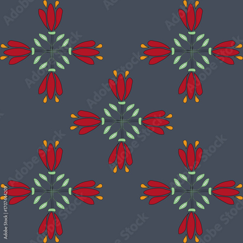 Seamless floral pattern with geometric flowers and leaves suitable for textile wallpaper and digital design.