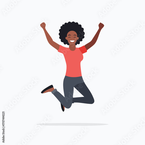 Joyful African American woman leaping with arms raised, expressing happiness and excitement.