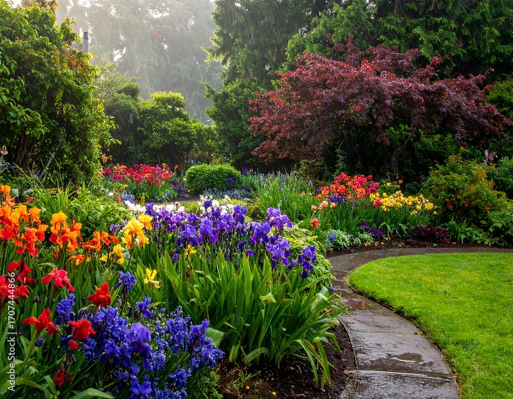 Naklejka premium Vibrant spring garden path
