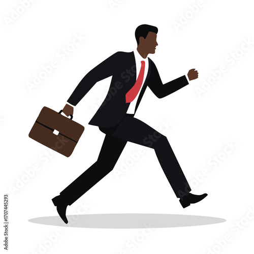 Illustration of a businessman in a suit running with a briefcase.