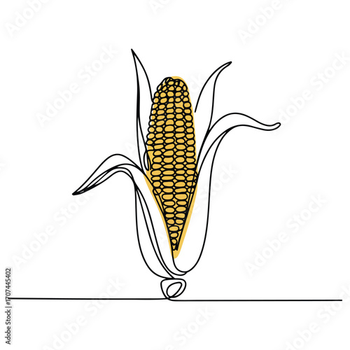 Continuous Simple black line art drawing of a sweetcorn in a minimalist style on a white background.