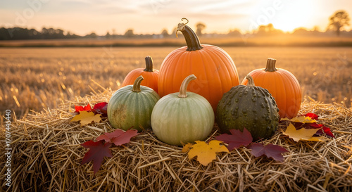 Autumnal Pumpkins Displayed on Hay Bale at Sunset Evoking Warmth and Harvest Season Beauty