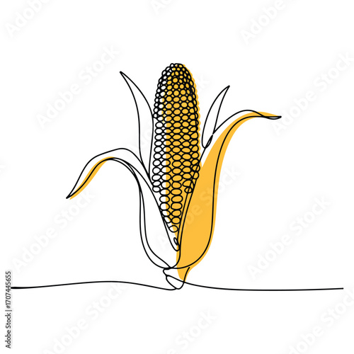 Continuous Simple black line art drawing of a sweetcorn in a minimalist style on a white background.