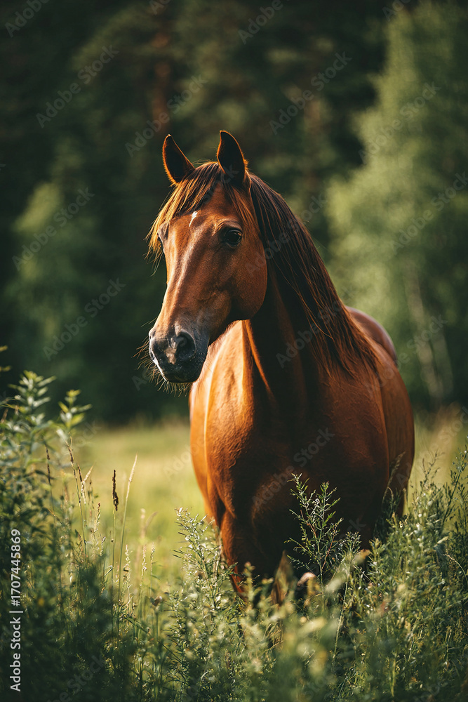 Fototapeta premium A magnificent red horse stands against the backdrop of a forest and a meadow in tall grass. Vertical image of a horse.