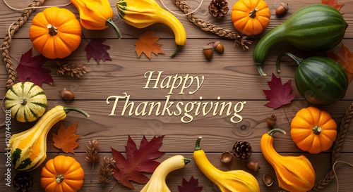 Festive Thanksgiving display with pumpkins, gourds, leaves and message on wood surface