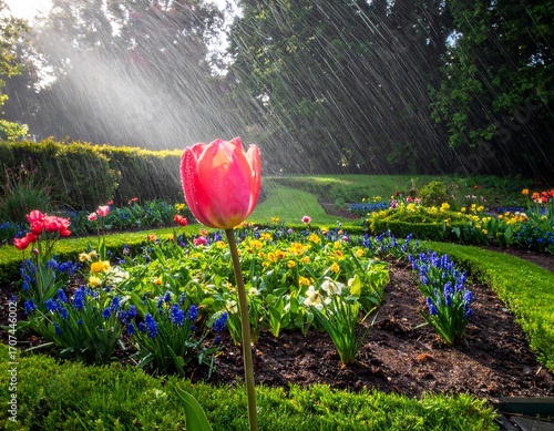 Wallpaper Mural Vibrant tulips in a spring garden under rain Torontodigital.ca