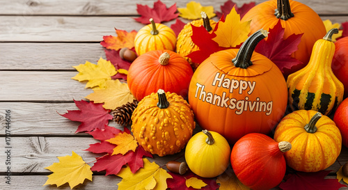 Festive thanksgiving arrangement of pumpkins and autumn leaves on wooden table