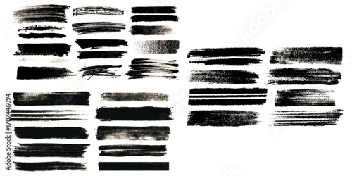 Set of grunge brushes featuring rough textured strokes, ink splatters, distressed paint effects, worn artistic marks, ideal for creative design projects.