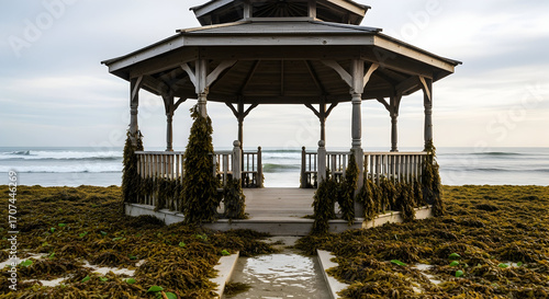 Serene Beachside Gazebo Enshrouded by Seaweed Under a Cloudy Sky Tranquil Coastal View