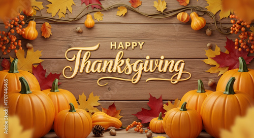 Festive Thanksgiving still life with pumpkins autumn foliage and golden script message