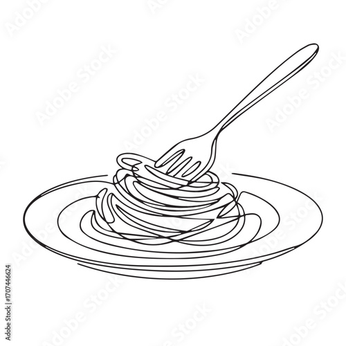 Continuous Simple black line art drawing of a spaghetti in a minimalist style on a white background.
