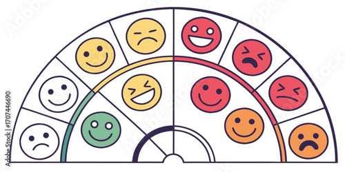 A single, cohesive illustration showing a range of faces from happy to troubled, arranged in a circular pattern to represent the full scope of human emotion.