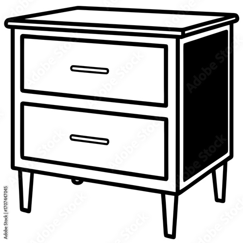 Simple black and white line art silhouette of a two drawer nightstand isolated on white background