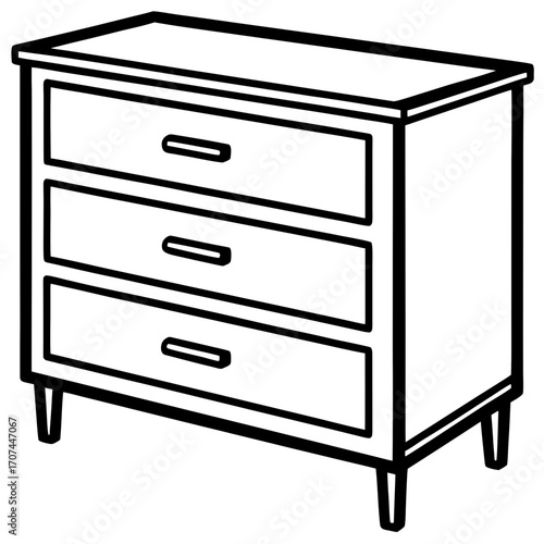 Simple line drawing of a three drawer dresser silhouette isolated on white background