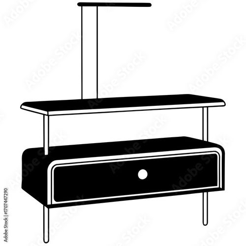 Modern minimalist black furniture unit with a drawer and shelf silhouette isolated on white background