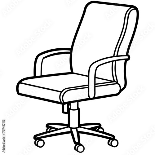 A simple black and white line art drawing of an office chair silhouette isolated on white background