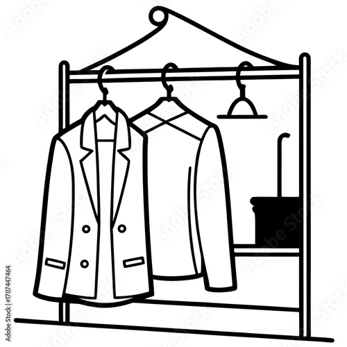 Two jackets and a hanger on a clothing rack silhouette isolated on white background